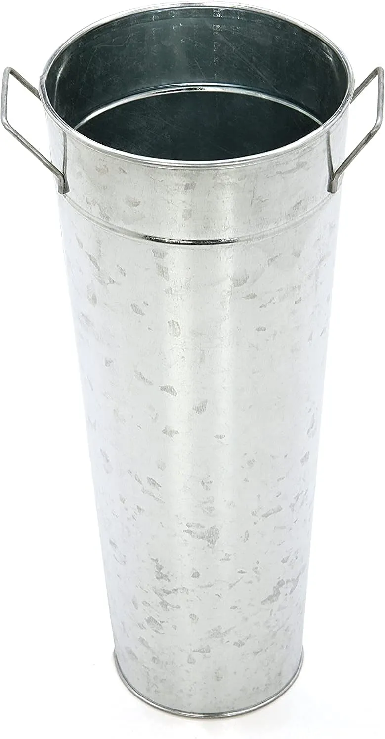 Hosley Set of 3 Galvanized French Bucket Vase with Handles 6"Dx15"H - Perfect for Weddings, Parties, Country Picnics, Floral Arrangements, Tableware Storage, or Candle Gardens - Rustic Farmhouse Dcor