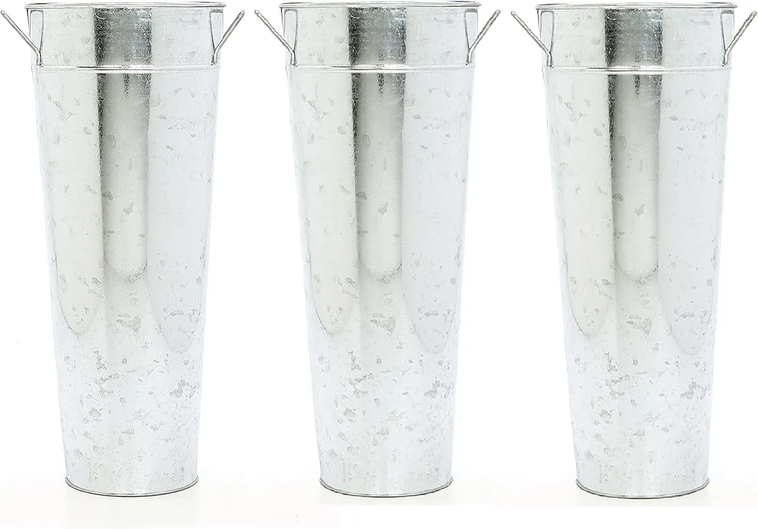 Hosley Set of 3 Galvanized French Bucket Vase with Handles 6"Dx15"H - Perfect for Weddings, Parties, Country Picnics, Floral Arrangements, Tableware Storage, or Candle Gardens - Rustic Farmhouse Dcor
