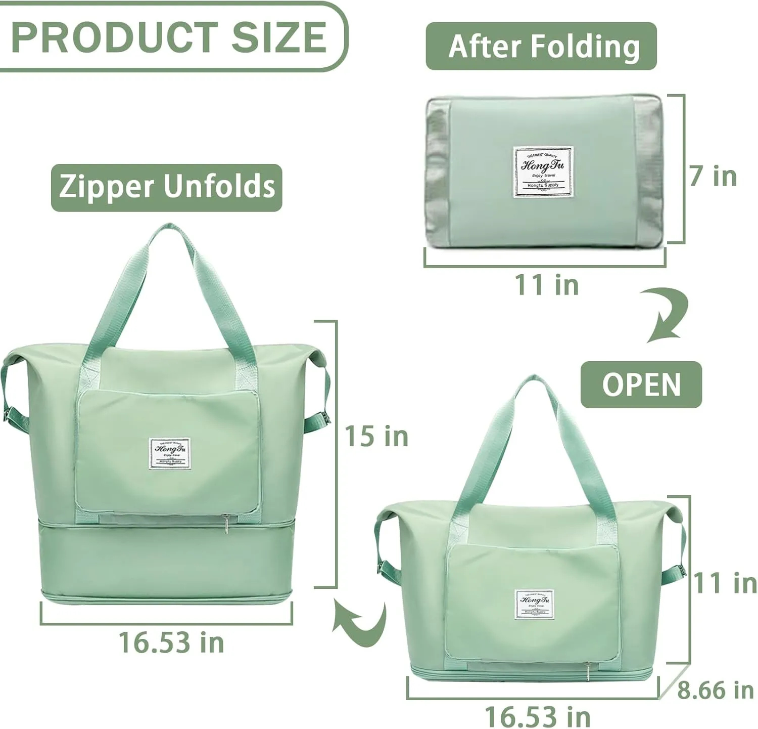 INVODA Travel Bag for Women - Expandable Weekender Overnight & Carry On Sports Tote Gym Bag - Waterproof Foldable Duffel - Green