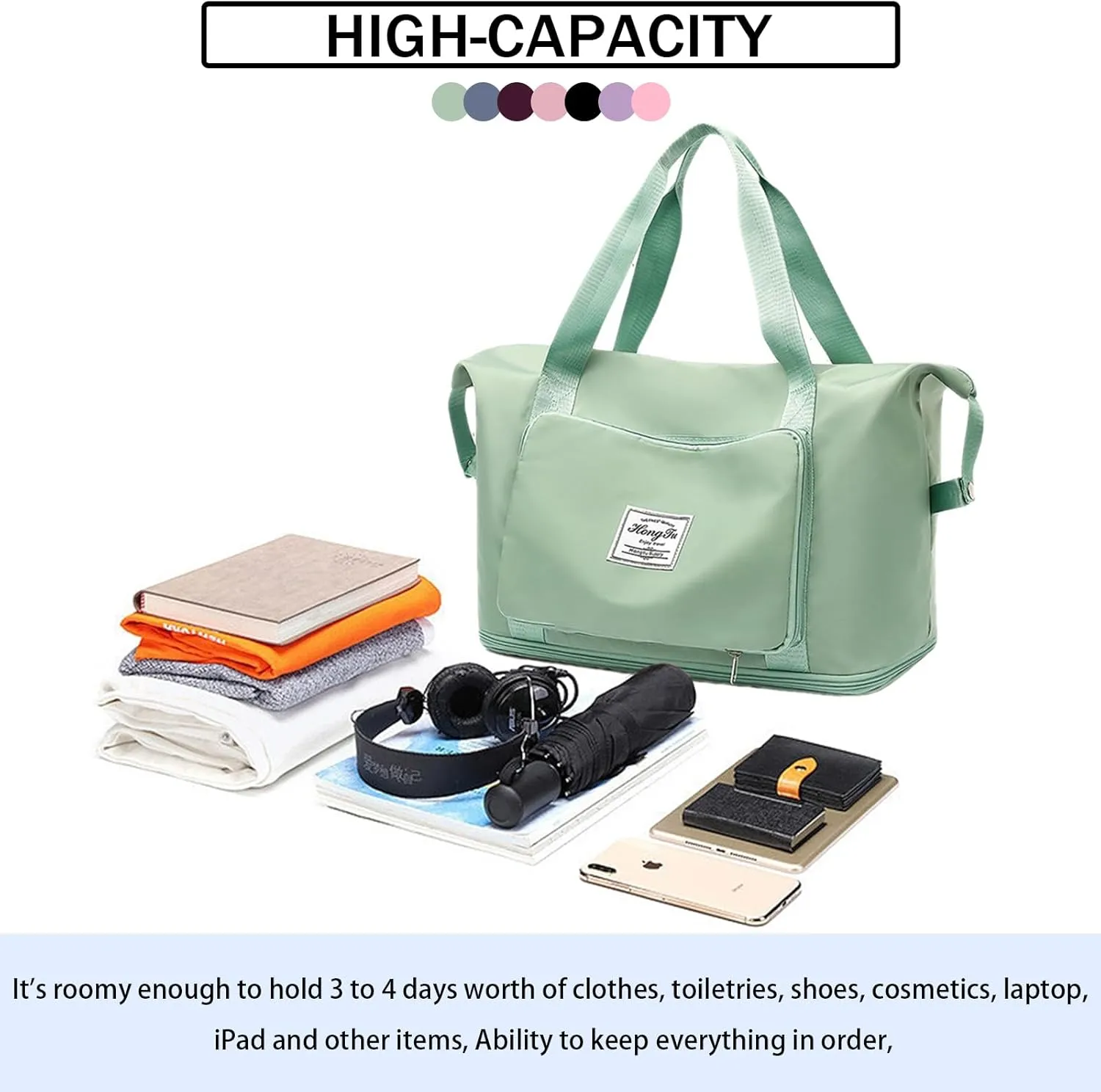 INVODA Travel Bag for Women - Expandable Weekender Overnight & Carry On Sports Tote Gym Bag - Waterproof Foldable Duffel - Green