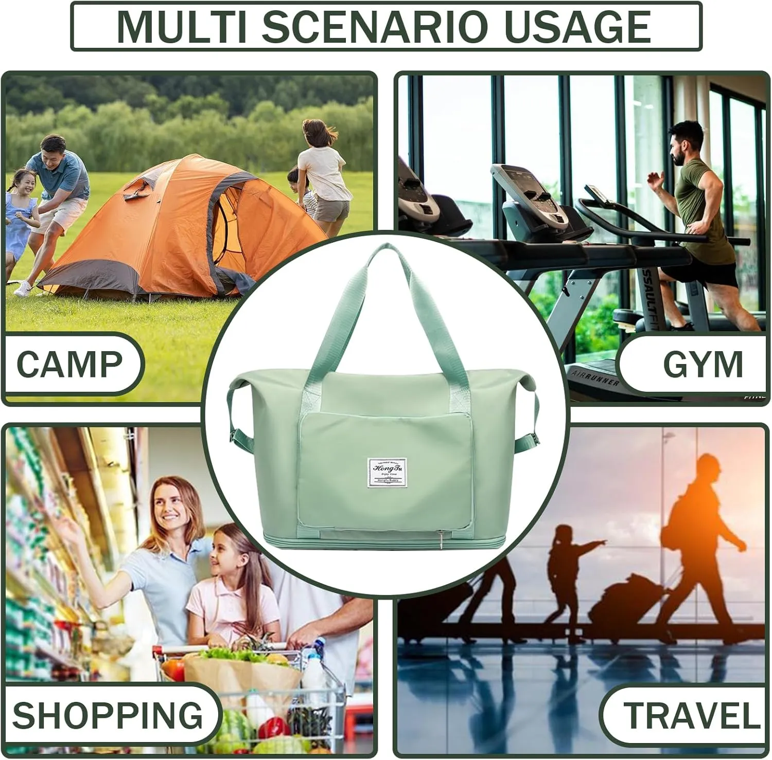 INVODA Travel Bag for Women - Expandable Weekender Overnight & Carry On Sports Tote Gym Bag - Waterproof Foldable Duffel - Green