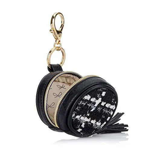 Itzy Ritzy Pacifier Case with Clip, ‘The Kelly’ Charm Pod Includes Clasp to Easily Attach to a Diaper Bag or Purse, Measures 2.5” in Diameter and Holds 2 Pacifiers, Black & White Tweed