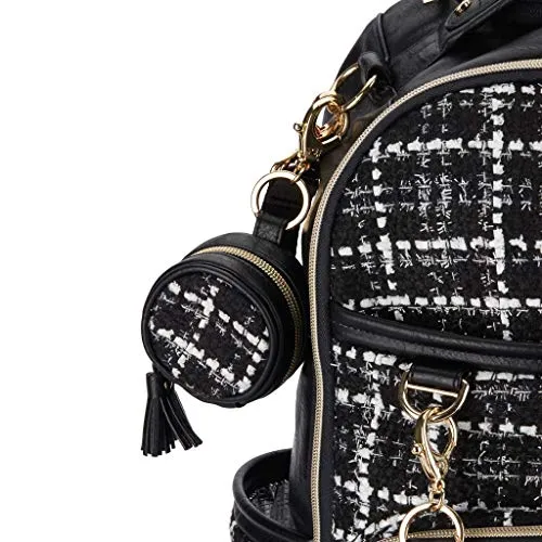 Itzy Ritzy Pacifier Case with Clip, ‘The Kelly’ Charm Pod Includes Clasp to Easily Attach to a Diaper Bag or Purse, Measures 2.5” in Diameter and Holds 2 Pacifiers, Black & White Tweed
