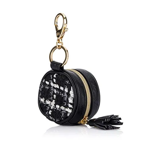 Itzy Ritzy Pacifier Case with Clip, ‘The Kelly’ Charm Pod Includes Clasp to Easily Attach to a Diaper Bag or Purse, Measures 2.5” in Diameter and Holds 2 Pacifiers, Black & White Tweed