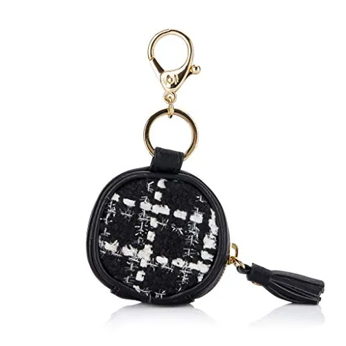 Itzy Ritzy Pacifier Case with Clip, ‘The Kelly’ Charm Pod Includes Clasp to Easily Attach to a Diaper Bag or Purse, Measures 2.5” in Diameter and Holds 2 Pacifiers, Black & White Tweed