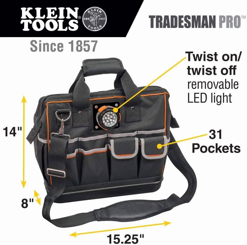 Klein Tools 55431 Tool Bag with Molded Bottom, Padded Shoulder Strap and Lighted Tool Storage with 31 Pockets