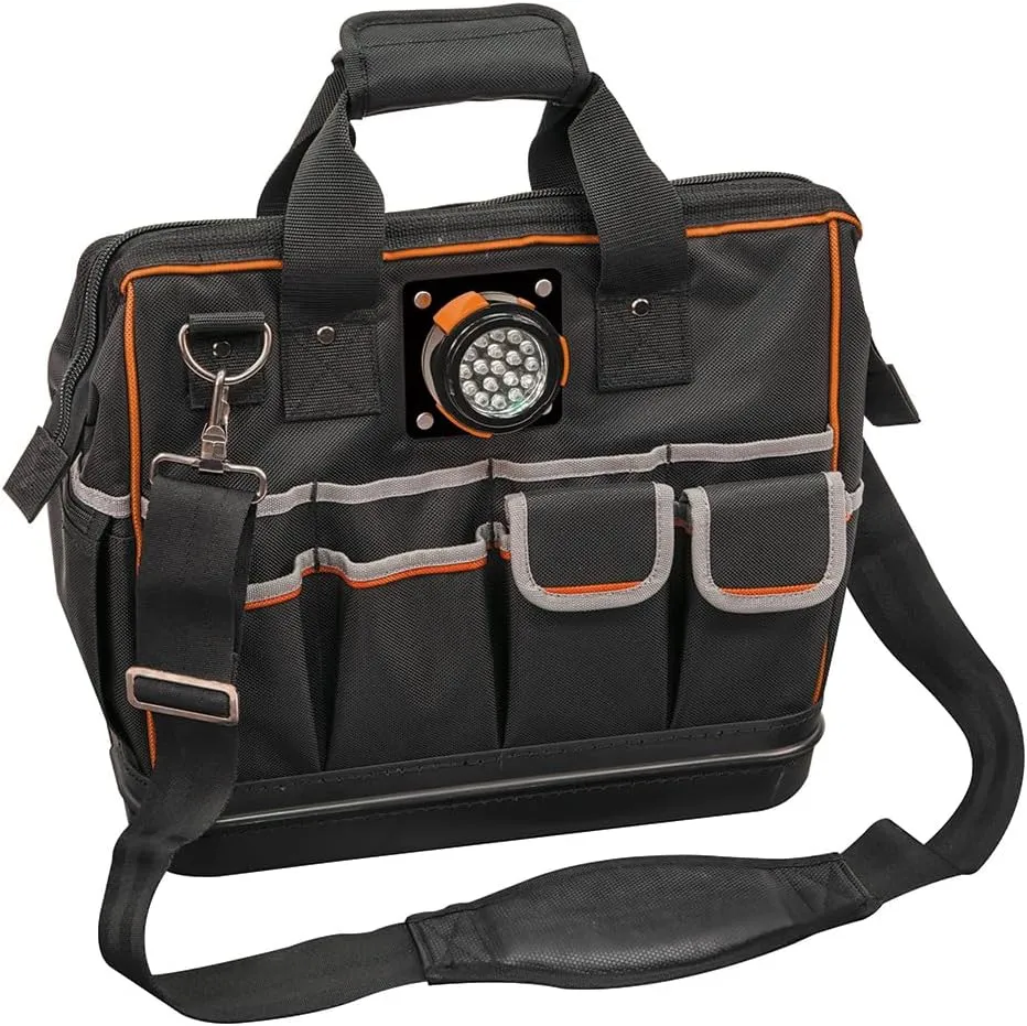 Klein Tools 55431 Tool Bag with Molded Bottom, Padded Shoulder Strap and Lighted Tool Storage with 31 Pockets