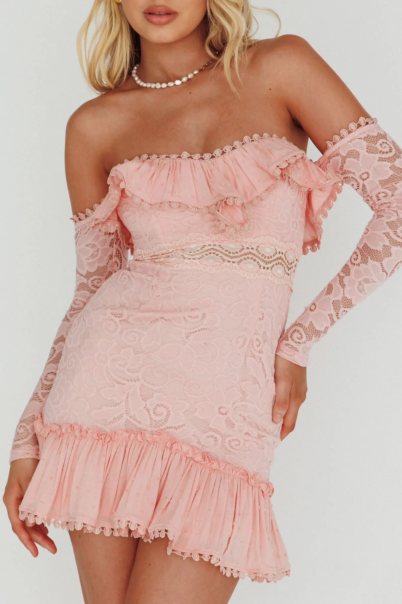 Mae Long Sleeve Sweetheart Crochet Lace Dress Blush