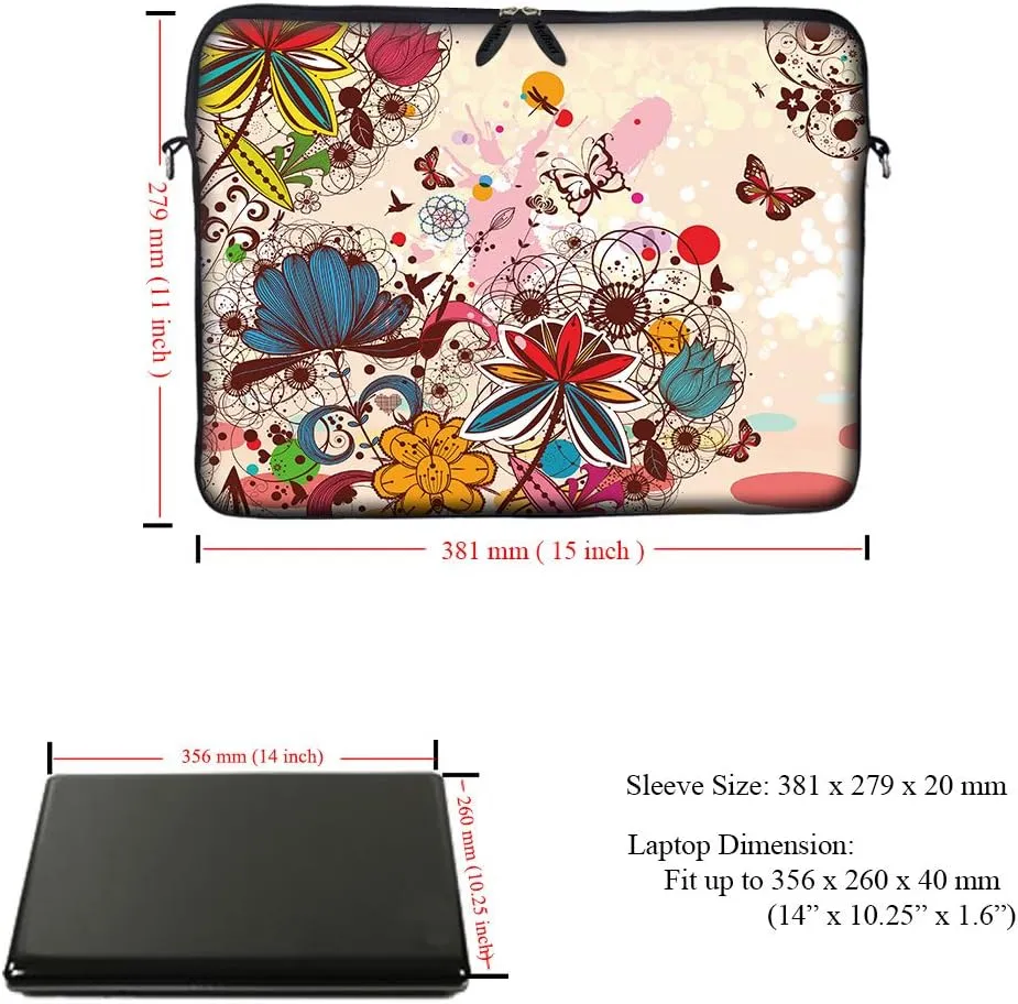 Meffort Inc 14 14.1 Inch Neoprene Laptop/Ultrabook/Chromebook Bag Carrying Sleeve with Hidden Handle and Adjustable Shoulder Strap (Colorful Flower Butterfly)
