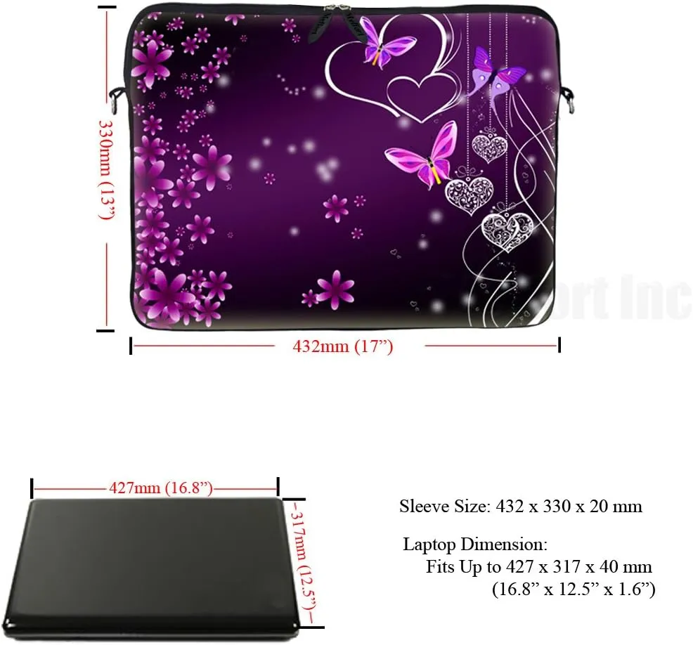 Meffort Inc 17 17.3 inch Neoprene Laptop Sleeve Bag Carrying Case with Hidden Handle and Adjustable Shoulder Strap - Purple Butterfly Heart Design