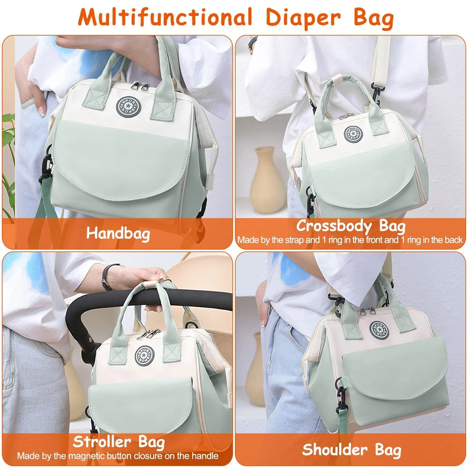 Multifunctional Diaper Changing Bag with 2 Insulated Pockets Commute Bag