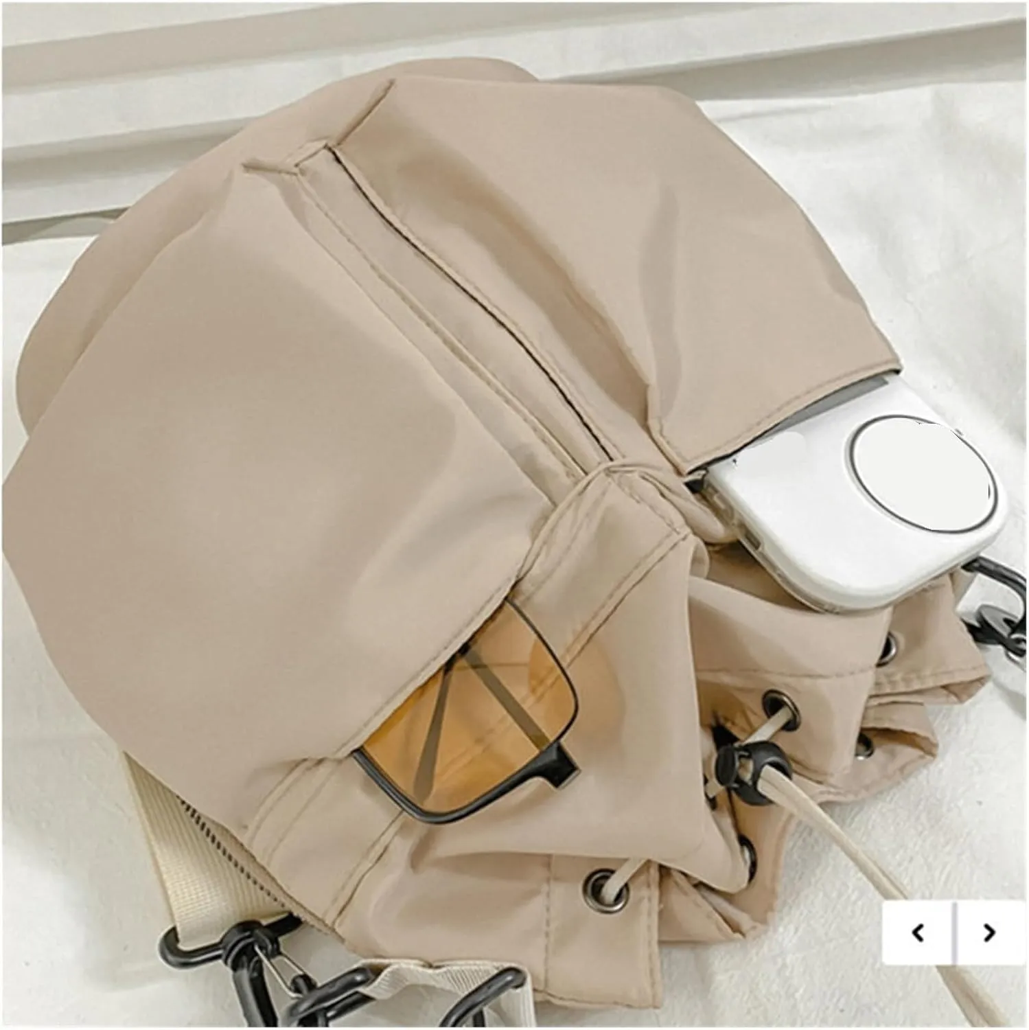 Nylon String Bucket Bags Drawstring Soft Bag Large Capacity Casual Shoulder Bag Fashion Women's Bag(Beige)