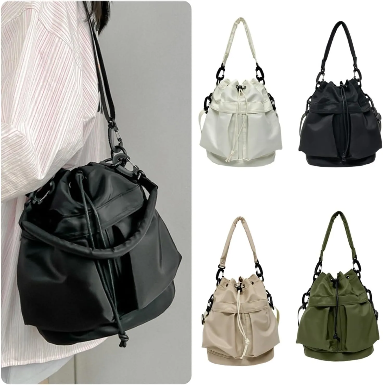 Nylon String Bucket Bags Drawstring Soft Bag Large Capacity Casual Shoulder Bag Fashion Women's Bag(Beige)