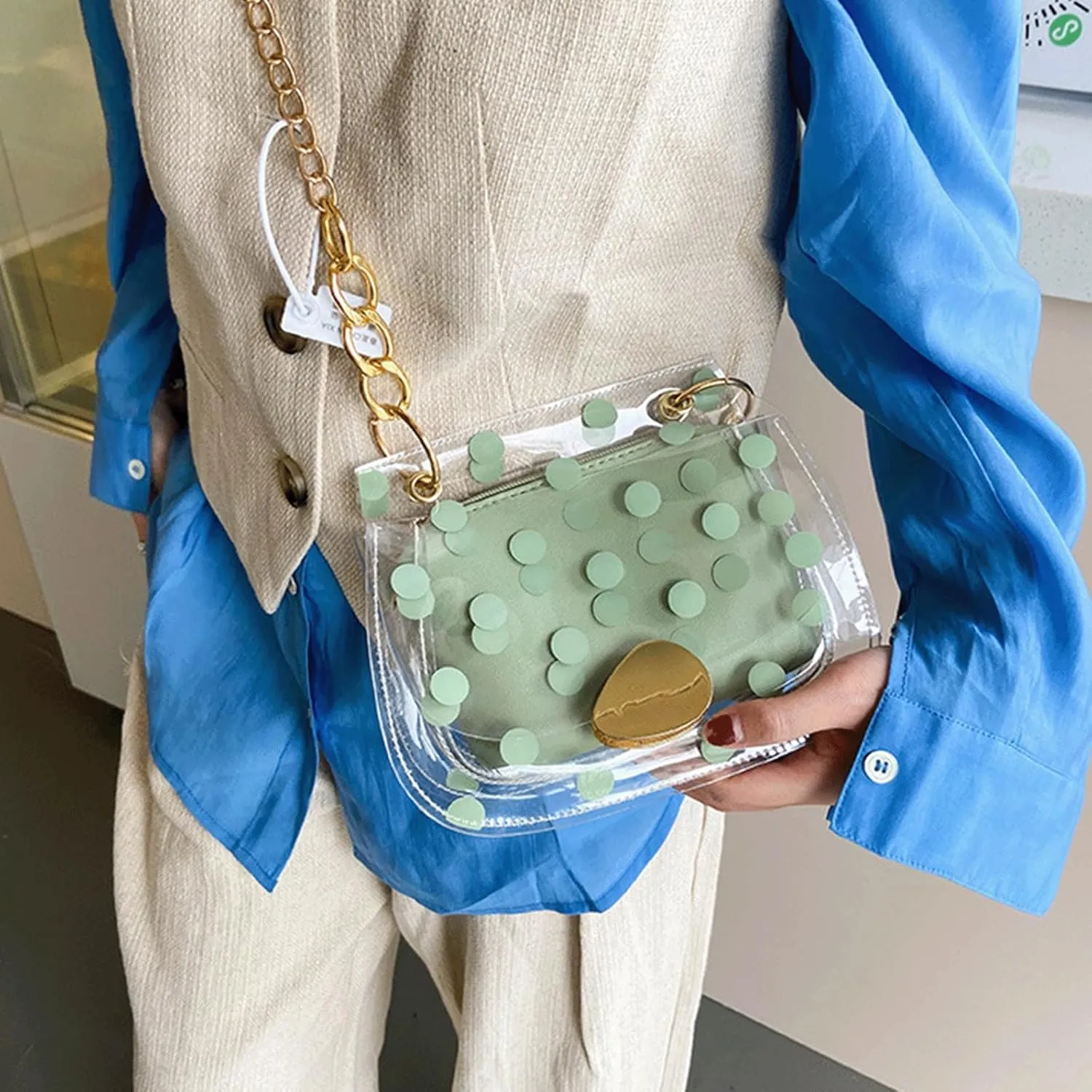 Polka Dot Purse Clear PVC Retro Crossbody Jelly Bag with Chain Mini Shoulder Handbag for Women Casual Daily Travel Use