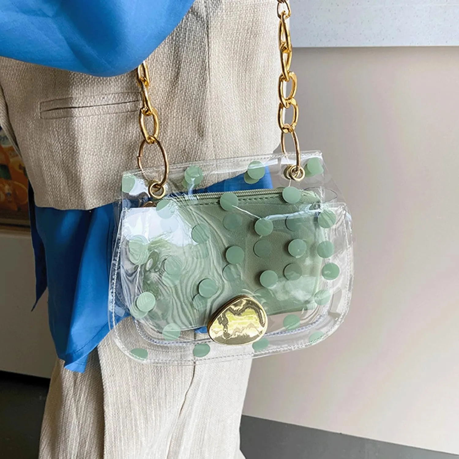 Polka Dot Purse Clear PVC Retro Crossbody Jelly Bag with Chain Mini Shoulder Handbag for Women Casual Daily Travel Use