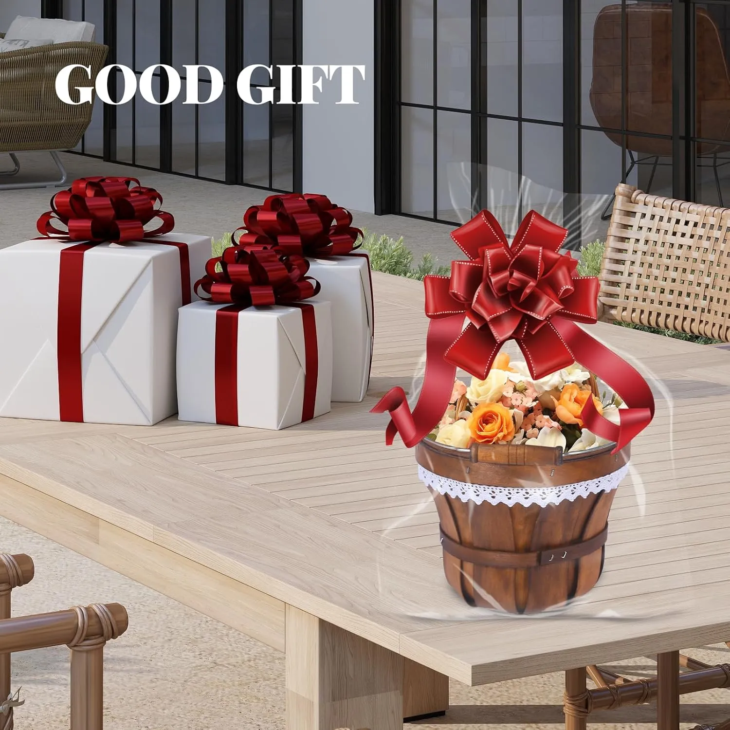 Round Picnic Basket Wooden Apple Basket 7" x 6" Garden Summer Picnic Basket Farm Fruit Basket Wedding Flower Basket Gift Picnic Bucket 6pcs