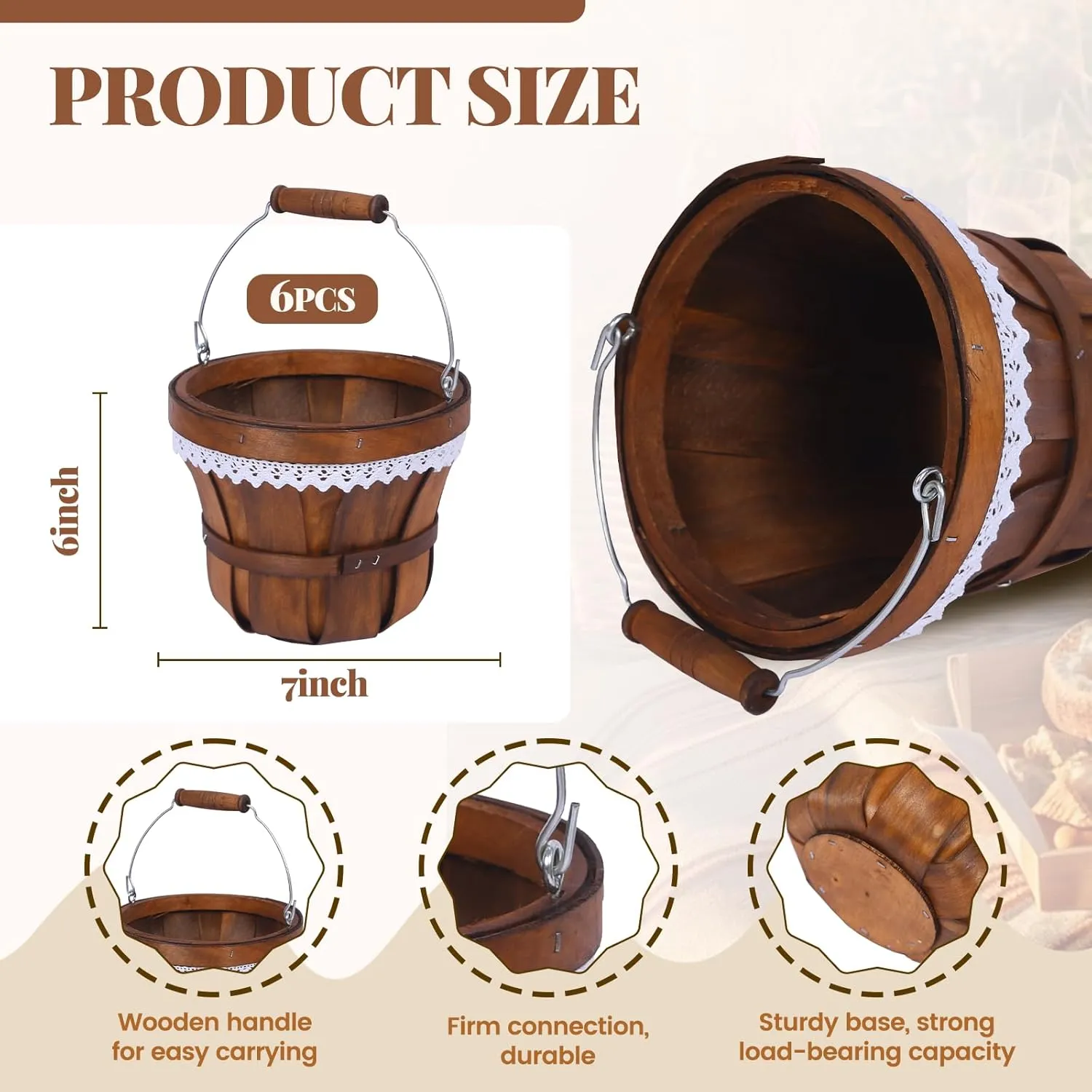 Round Picnic Basket Wooden Apple Basket 7" x 6" Garden Summer Picnic Basket Farm Fruit Basket Wedding Flower Basket Gift Picnic Bucket 6pcs