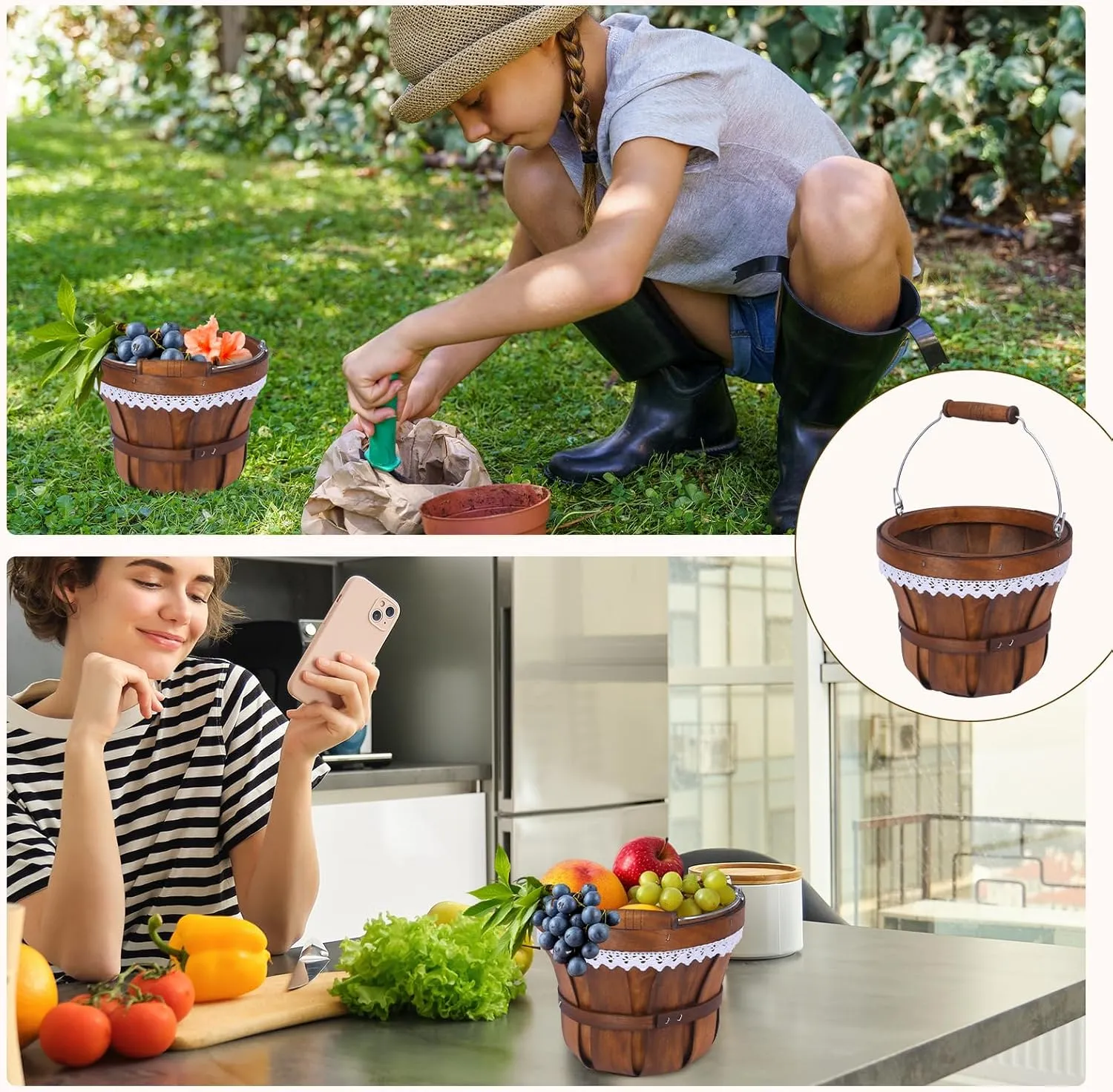Round Picnic Basket Wooden Apple Basket 7" x 6" Garden Summer Picnic Basket Farm Fruit Basket Wedding Flower Basket Gift Picnic Bucket 6pcs