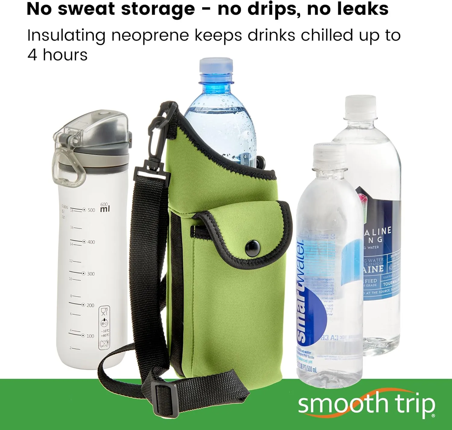 Smooth Trip AquaPockets Water Bottle Holder - Insulating Neoprene Sling Bag With Phone Pouch and Adjustable Strap for Walking and Hiking - Fits up to 32 oz. Bottles