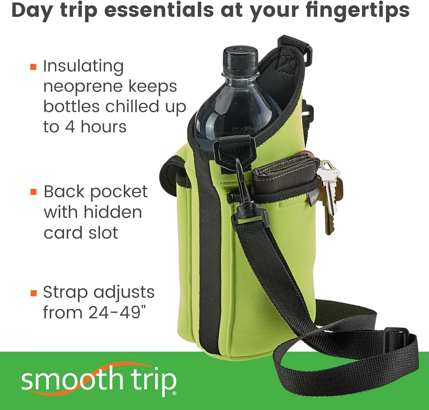 Smooth Trip AquaPockets Water Bottle Holder - Insulating Neoprene Sling Bag With Phone Pouch and Adjustable Strap for Walking and Hiking - Fits up to 32 oz. Bottles