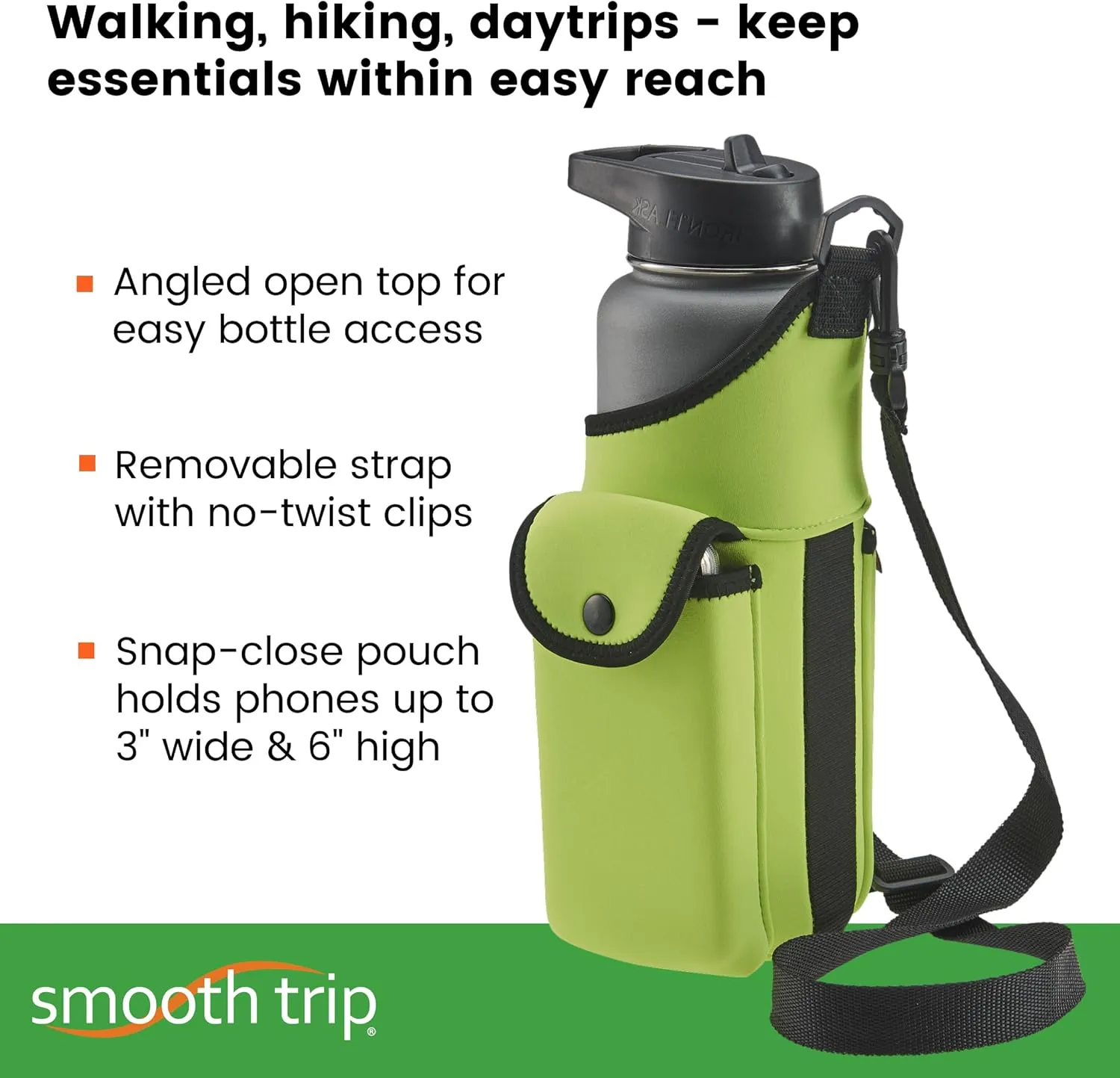 Smooth Trip AquaPockets Water Bottle Holder - Insulating Neoprene Sling Bag With Phone Pouch and Adjustable Strap for Walking and Hiking - Fits up to 32 oz. Bottles