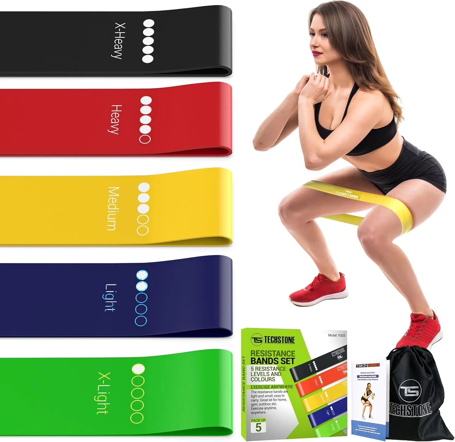 TechStone Resistance Bands Set for Men and Women, Pack of 5 Different Levels Elastic Band for Home Gym Long Exercise Workout  Great Fitness Equipment for Training, Yoga  Free Carrying Bag