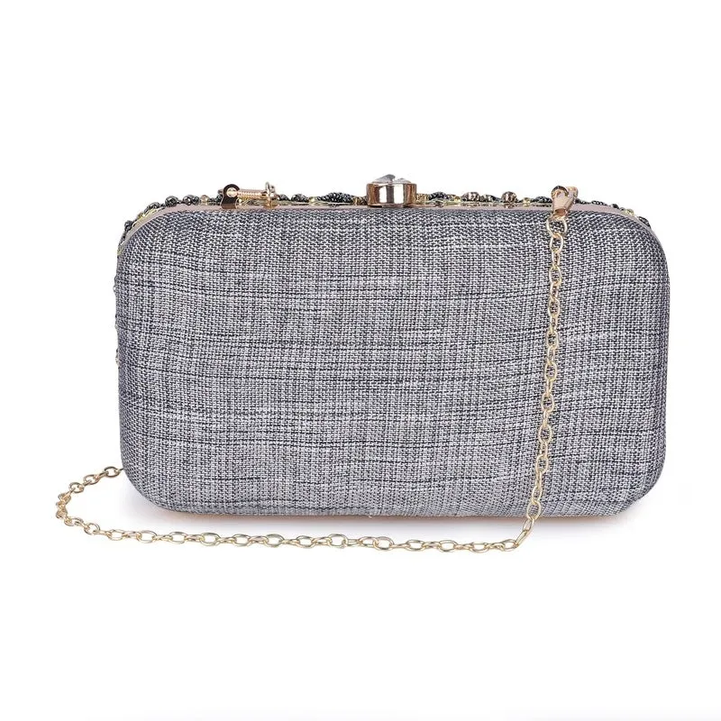 THE CLOWNFISH Fabia Collection Womens Party Clutch Ladies Wallet Evening Bag with Fashionable Round Corners Beads Work Floral Design (Blue)