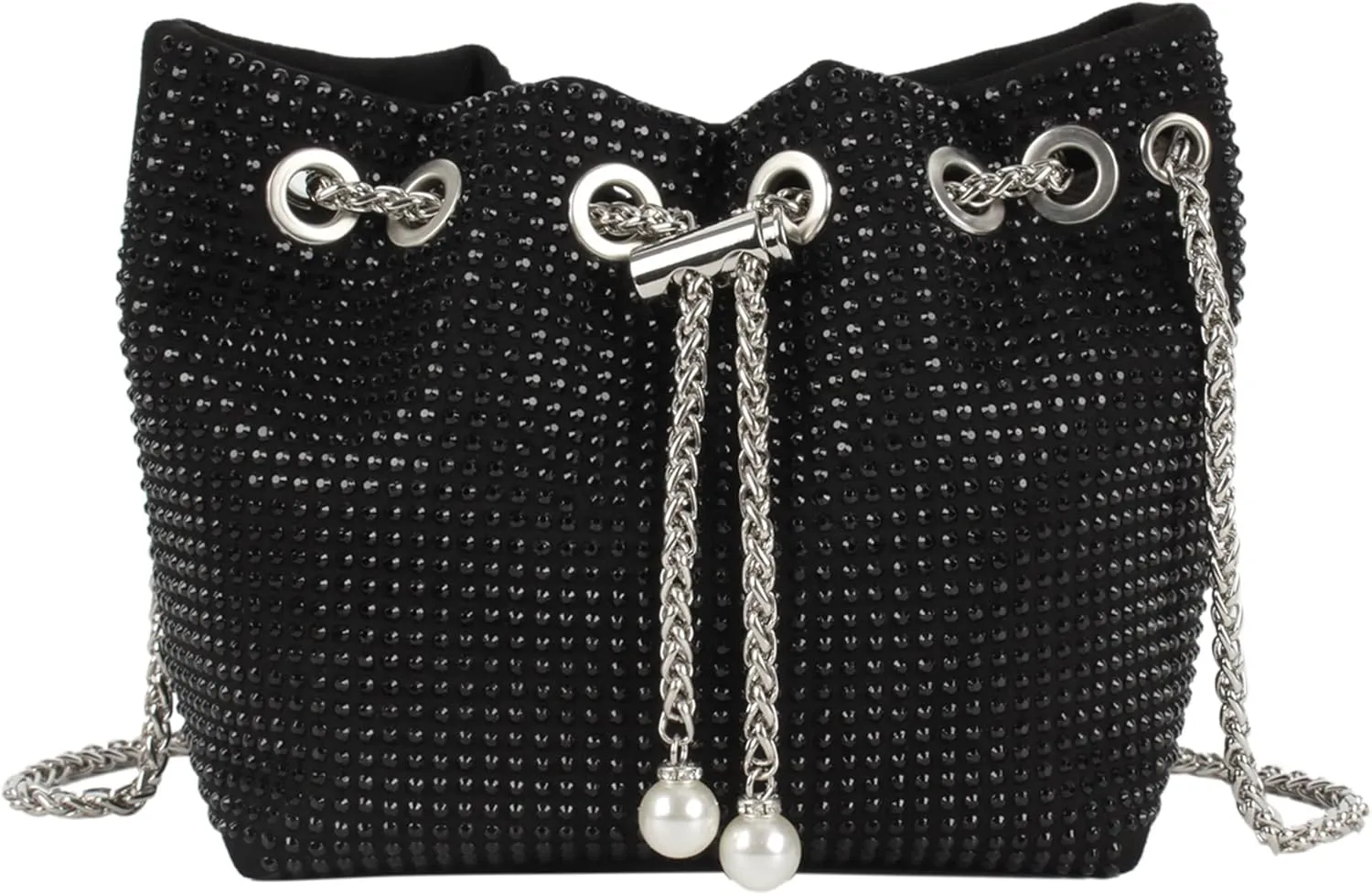 Women Rhinestones Crystal Clutch Drawstring Bucket Bag Mini Evening Bags Crossbody Purses Pearl Party Prom Wedding