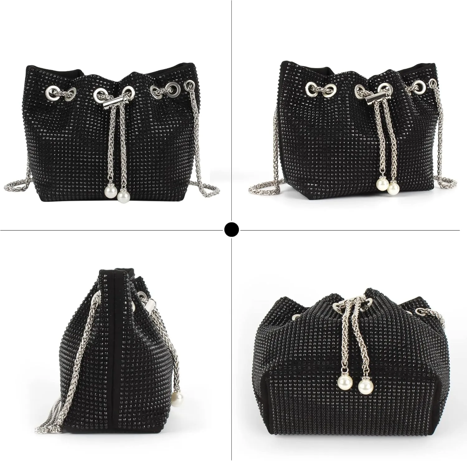 Women Rhinestones Crystal Clutch Drawstring Bucket Bag Mini Evening Bags Crossbody Purses Pearl Party Prom Wedding
