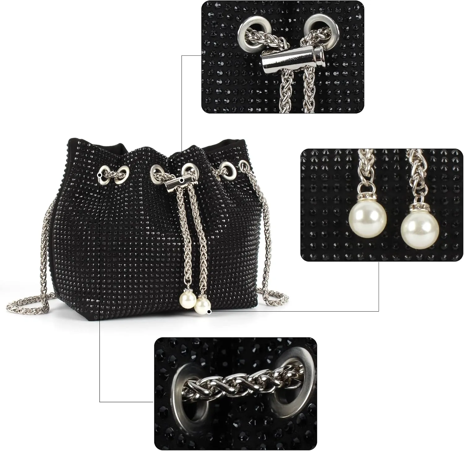 Women Rhinestones Crystal Clutch Drawstring Bucket Bag Mini Evening Bags Crossbody Purses Pearl Party Prom Wedding