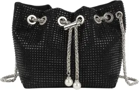 Women Rhinestones Crystal Clutch Drawstring Bucket Bag Mini Evening Bags Crossbody Purses Pearl Party Prom Wedding
